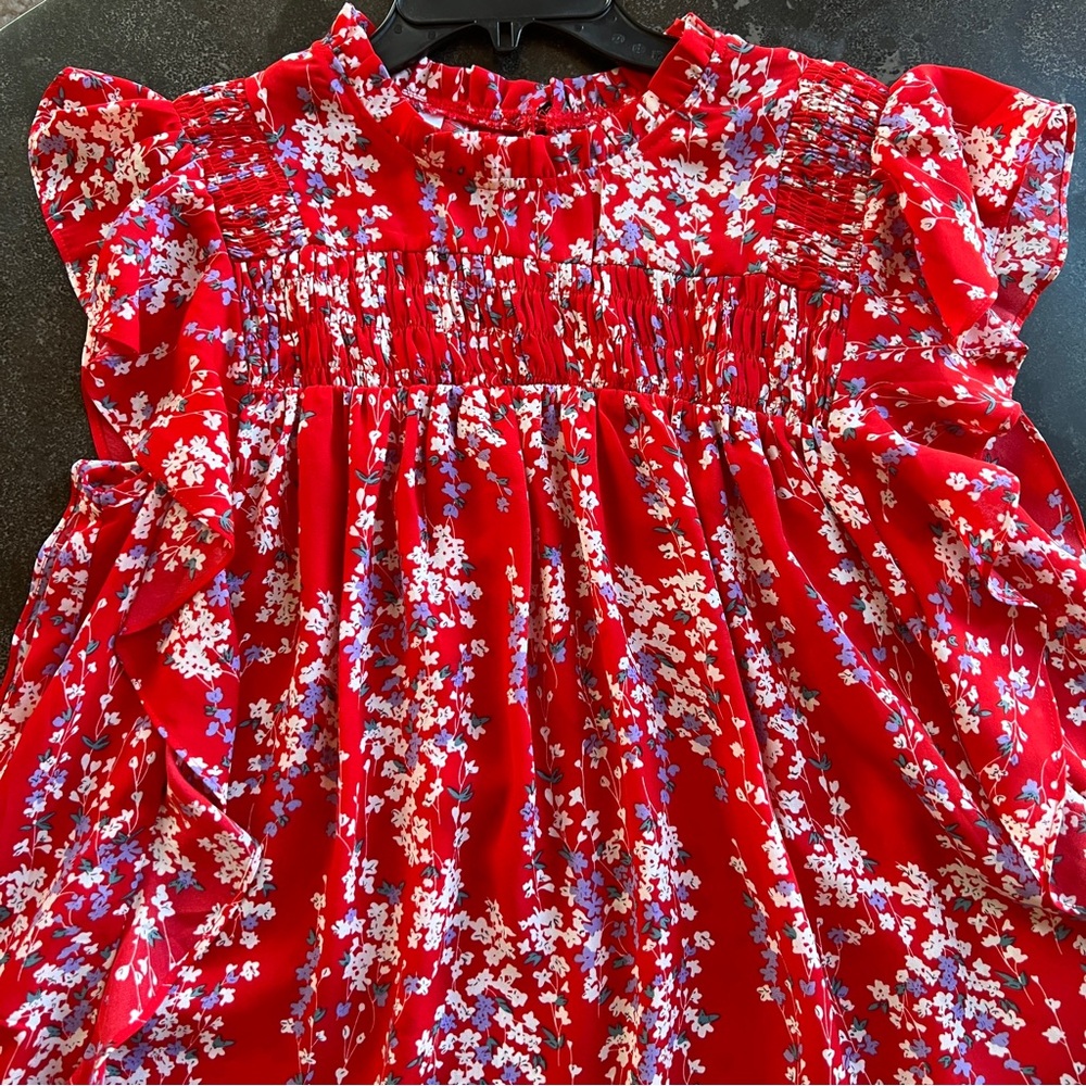 Floral Red Blouse with Ruffle Sleeves and Ruching - Size XL - Picture 2 of 9